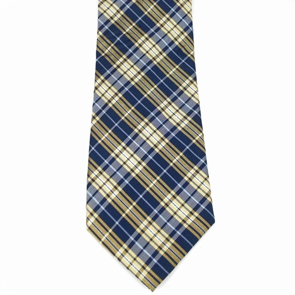 CHAPS Tie Navy & Light Blue Yellow Plaid Striped 100% Silk Hand Made Necktie 58